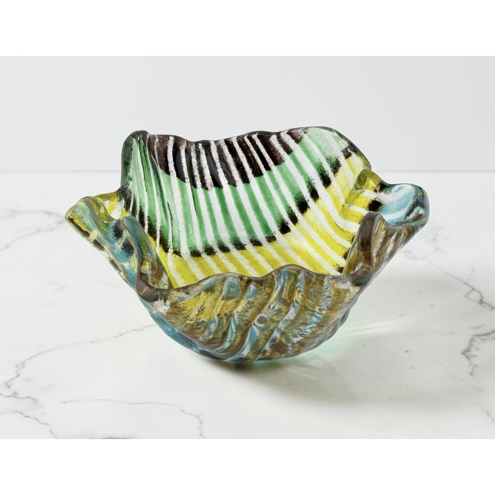 Murano Styled Unique Wave Striped Glass Bowl 7 Inch Unmarked Hand Made